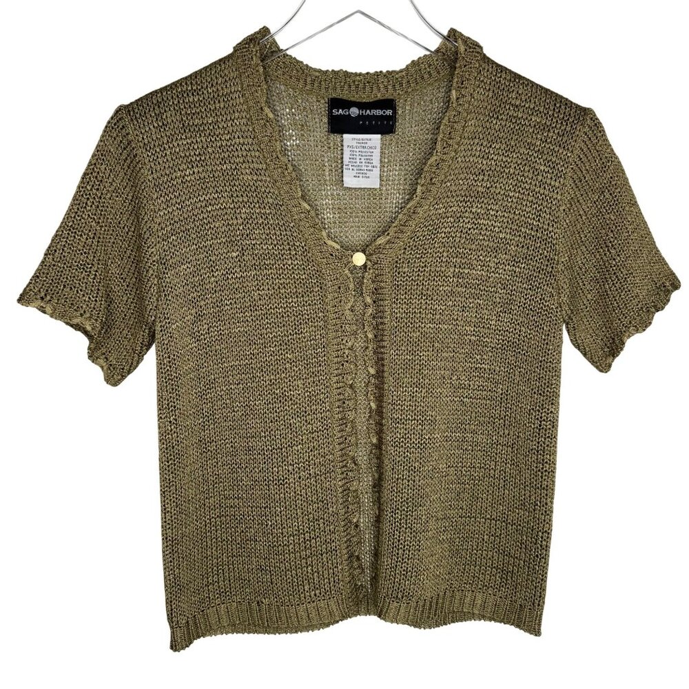 VTG Sag Harbor Green Short Sleeve Open Knit Cottagecore Boho Cardigan PXS‎